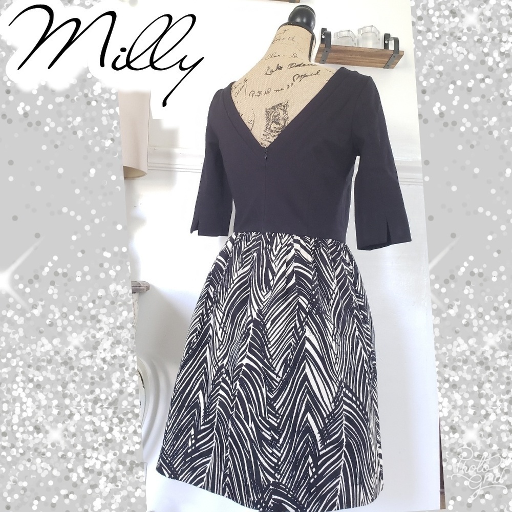 Milly A-line cocktail dress black white palm print